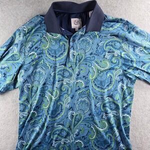Kilburne & Finch Polo Shirt Mens Medium Blue Green Paisley Performance Stretch